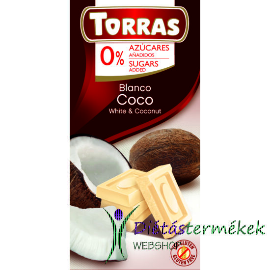 Torras Kókuszos hozzáadott cukormentes fehércsokoládé  (gluténmentes) 75 g